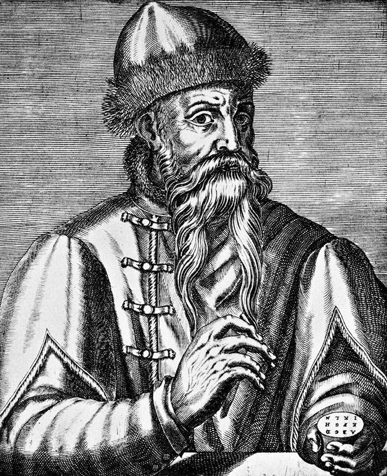 Johannes Gutenberg in einem postumen Fantasiebildnis des 16. Jahrhunderts. Johannes Gutenberg